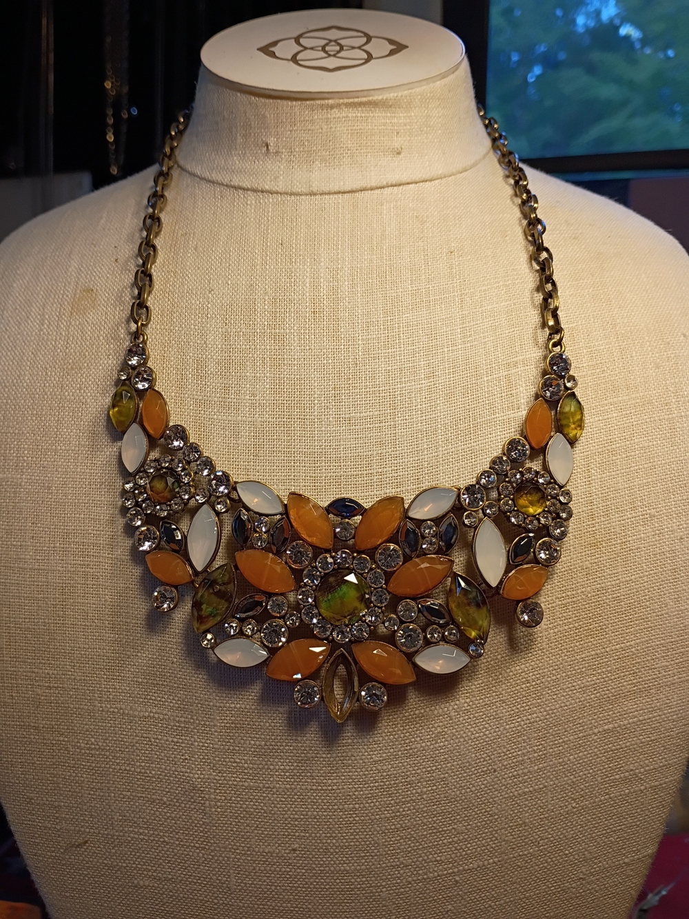 Statement Bib Necklace - Orange, White & Green Crystal Accents